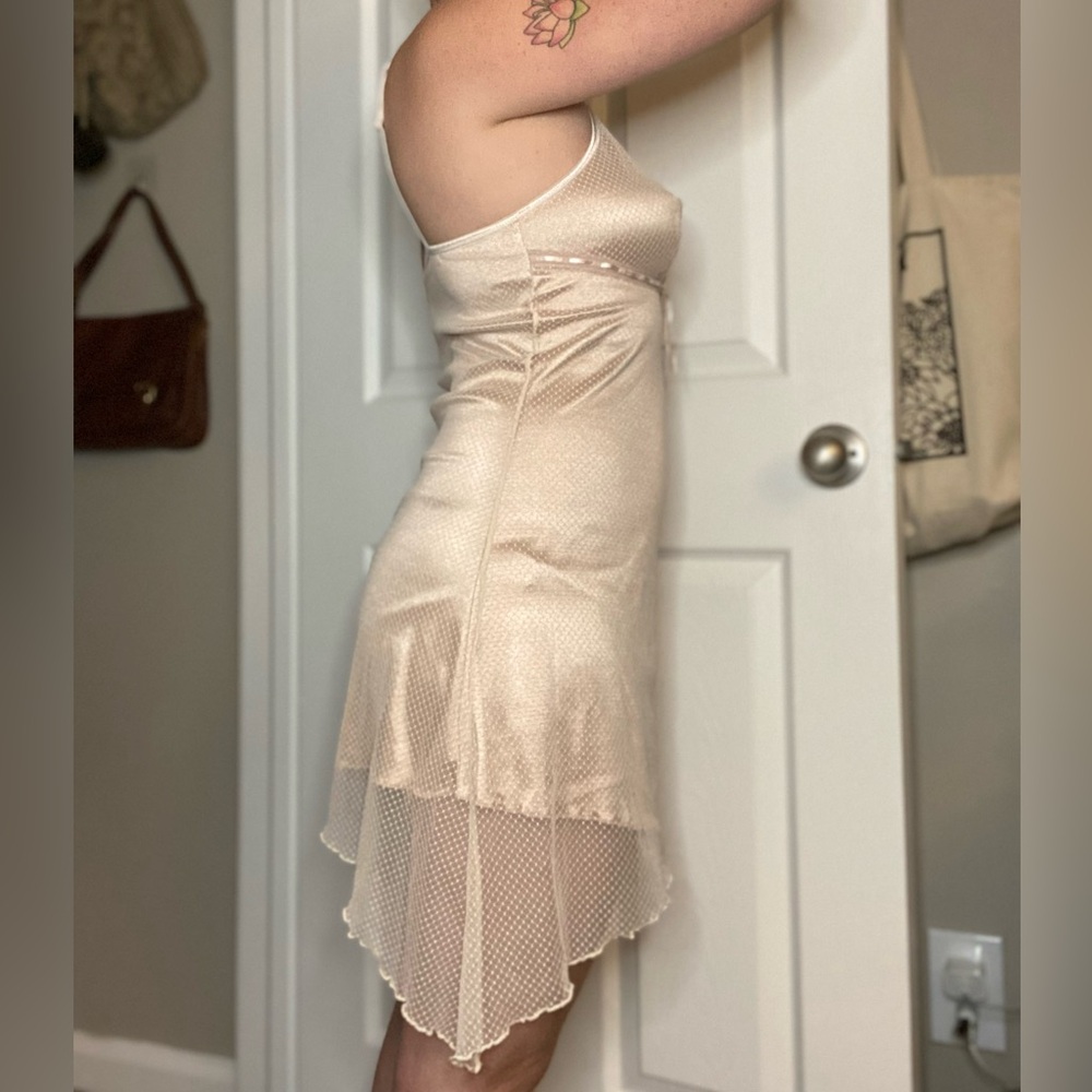 Luxury Designer Intimo Rose Gold Mesh Satin Asymmetrical Ribbon Lingerie Dress - Picture 8 of 14